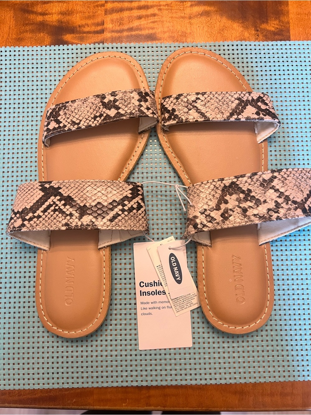 Old Navy Snake-Print Double Strap Slide Sandals in Tan